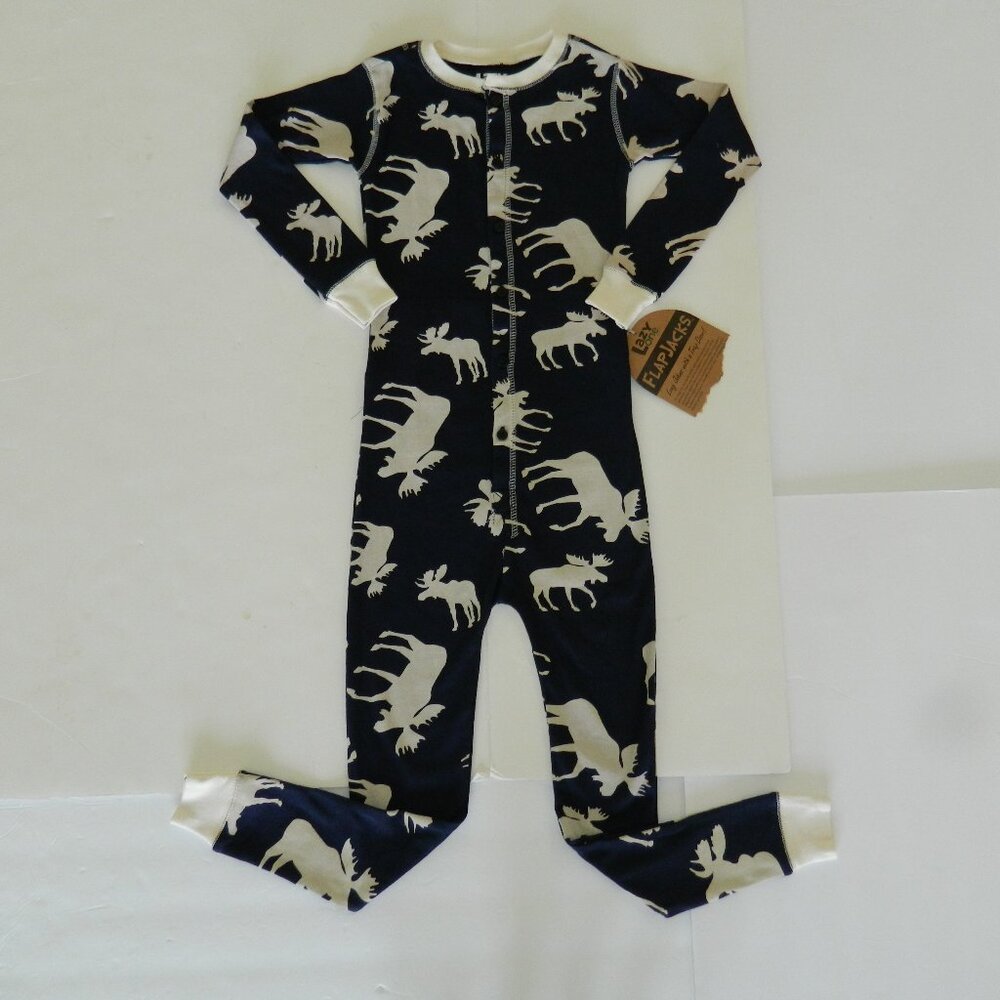 NWT Lazy One Classic Moose Navy Youth 1 Piece Flapjack Long John sz 6